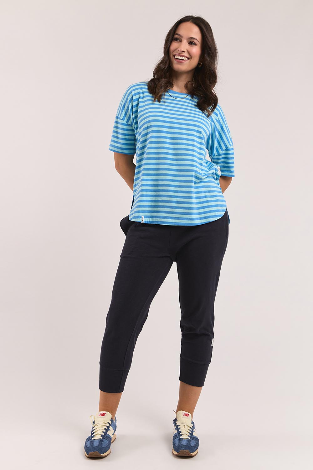 Model Genericm wearing size sample of the Fundamental Lauren Short Sleeve Cotton Stripe Tee - Tonicblueazure in colour Tonicblueazure, from the front
