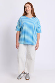Model Genericm wearing size sample of the Fundamental Lauren Short Sleeve Cotton Stripe Tee - Tonicblueazure in colour Tonicblueazure, from the front