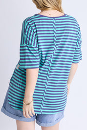 A model wearing the Fundamental Lauren S/S Cotton Stripe in colour Vbluepools (Blue), from the back