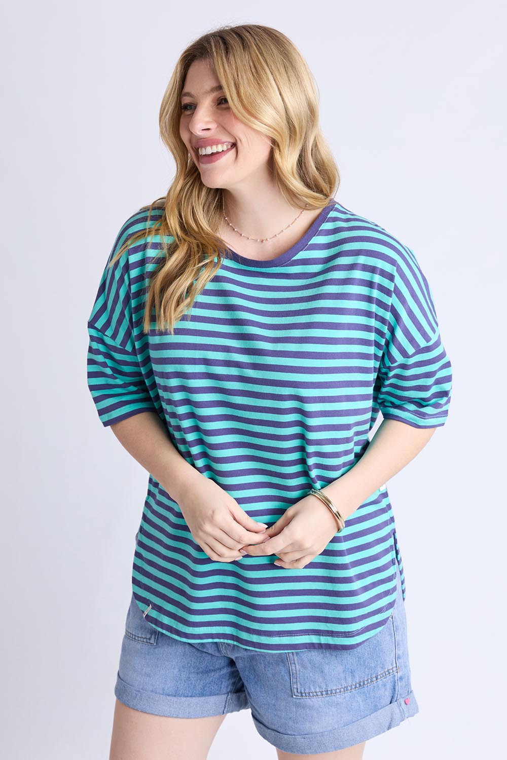 A model wearing the Fundamental Lauren S/S Cotton Stripe in colour Vbluepools (Blue), from the front, cropped image