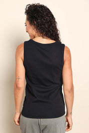 Model Pamelar wearing size 10 of the Fundamental Rib Crew Cotton Tank - Black in colour Black, from the back