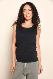 Model Pamelar wearing size 10 of the Fundamental Rib Crew Cotton Tank - Black in colour Black, in a cropped view