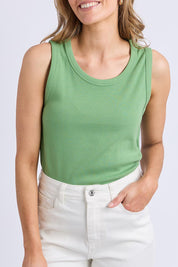 A model wearing the Fundamental Rib Crew Cotton Tank in colour Forest (Green), from the front, cropped image