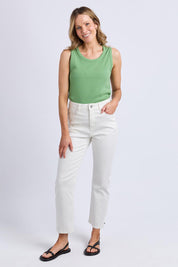 A model wearing the Fundamental Rib Crew Cotton Tank in colour Forest (Green), from the front, showing the whole outfit