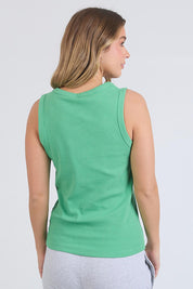 A model wearing the Fundamental Rib Crew Cotton Tank in colour Greenbriar (Green), from the back