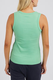 A model wearing the Fundamental Rib Crew Cotton Tank in colour Meadow (Green), from the back