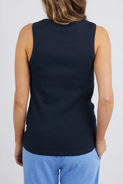 A model wearing the Fundamental Rib Crew Cotton Tank in colour Navy (Blue), from the back
