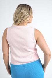 A model wearing the Fundamental Rib Crew Cotton Tank in colour Pnkaboo (Pink), from the back