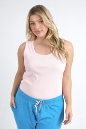 A model wearing the Fundamental Rib Crew Cotton Tank in colour Pnkaboo (Pink), from the front, cropped image