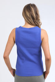 A model wearing the Fundamental Rib Crew Cotton Tank in colour Royalblue (Blue), from the back