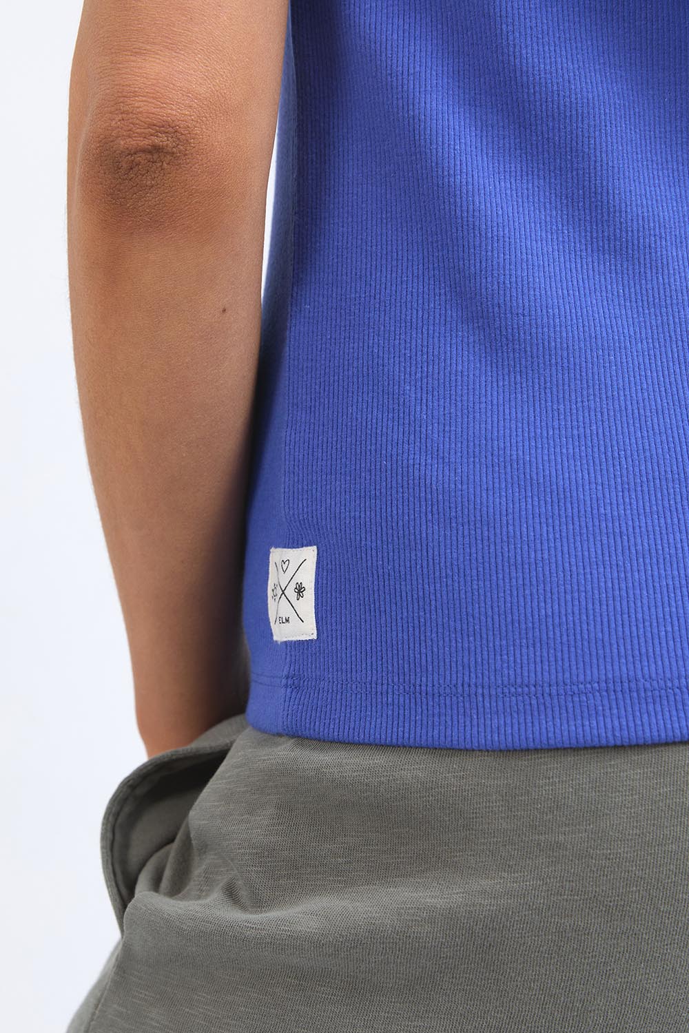 A model wearing the Fundamental Rib Crew Cotton Tank in colour Royalblue (Blue), from the front, cropped image