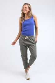 A model wearing the Fundamental Rib Crew Cotton Tank in colour Royalblue (Blue), from the front, showing the whole outfit
