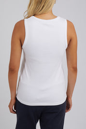 A model wearing the Fundamental Rib Crew Cotton Tank in colour White (White), from the back