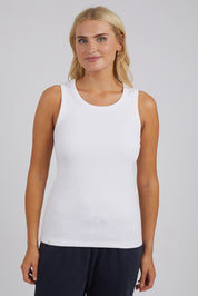 A model wearing the Fundamental Rib Crew Cotton Tank in colour White (White), from the front, cropped image