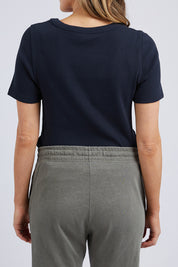 A model wearing the Fundamental Rib Scoop S/S  Tee in colour Navy (Blue), from the back