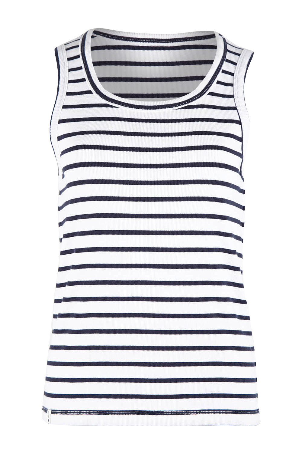Product shot of the Fundamental Indra Stripe Tank in colour Whitenavy (White), from the front
