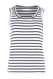 Product shot of the Fundamental Indra Stripe Tank in colour Whitenavy (White), from the front