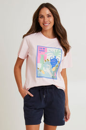 Model Madeline wearing size 10 of the Fundamental Elm Logo Short in colour Navy (Blue), from the front, cropped image
