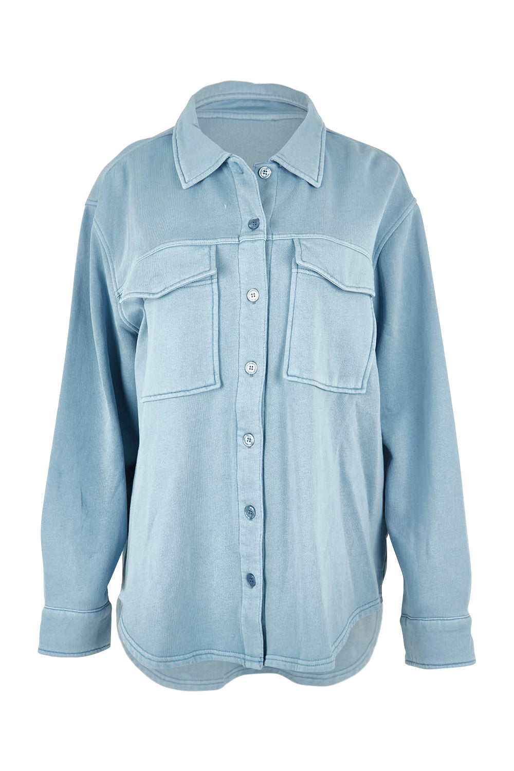 Product shot of the Fundamental Poppy Cotton Fleece Shacket in colour Steelblue (Blue), from the front
