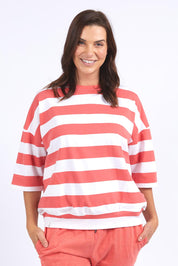 A model wearing the Fundamental Mazie Block Stripe Cotton Sweat in colour Watermelon (Red), from the front, cropped image