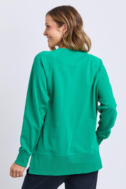A model wearing the Fundamental Melbourne Crew in colour Turquoise (Green), from the back