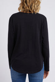 A model wearing the Fundamental Everyday Cotton Long Sleeve Tee in colour Black (Black), from the back