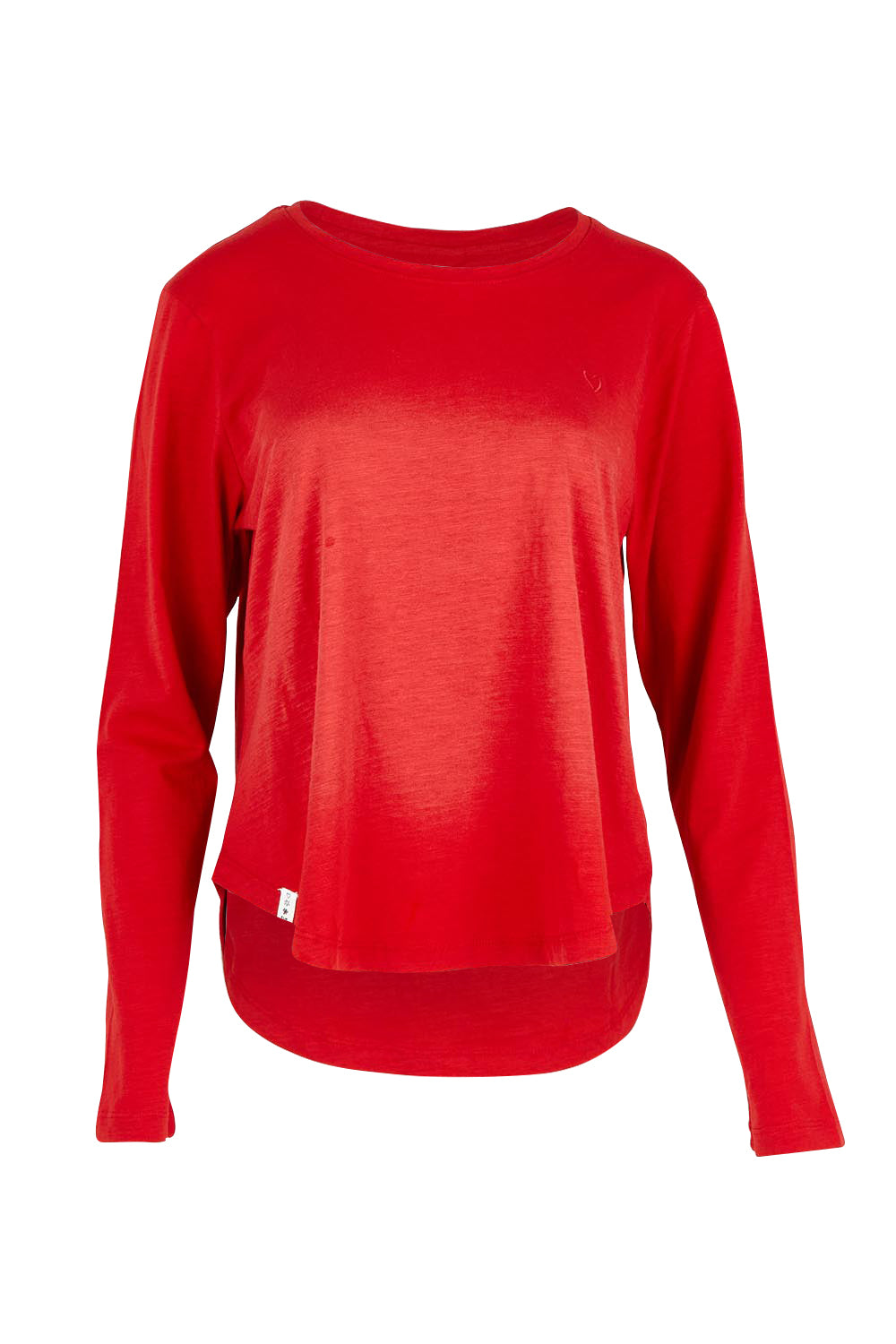Product shot of the Fundamental Everyday Cotton Long Sleeve Tee in colour Cranberry (Red), from the front