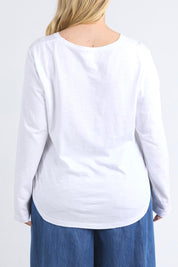 A model wearing the Fundamental Everyday Cotton Long Sleeve Tee in colour White (White), from the back