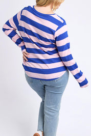A model wearing the Fundamental Spritz Stripe Cotton Tee in colour Frenchblue (Blue), from the back