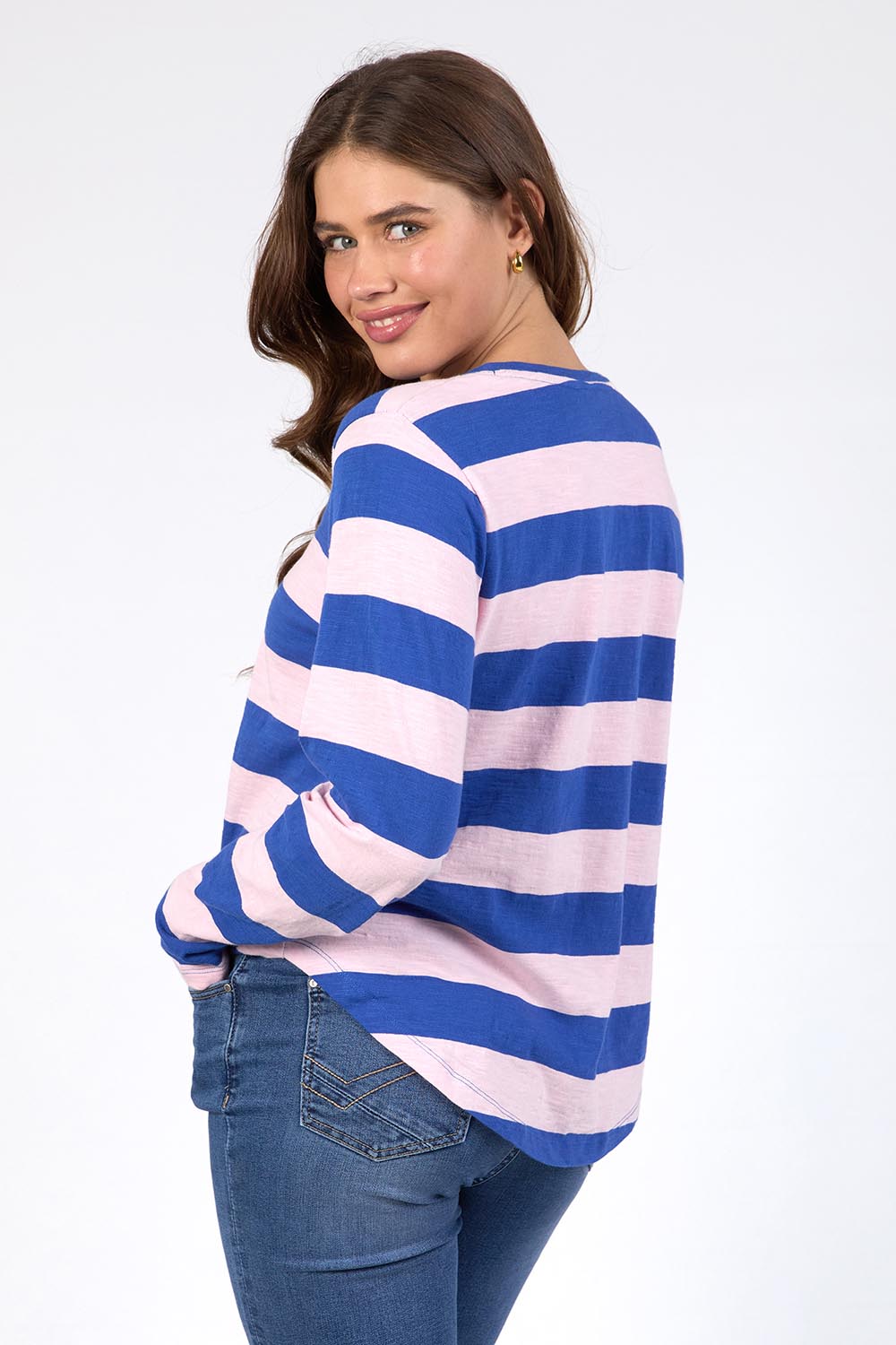 A model wearing the Fundamental Spritz Stripe Cotton Tee in colour Frenchblue (Blue), from the back