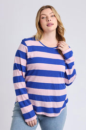 A model wearing the Fundamental Spritz Stripe Cotton Tee in colour Frenchblue (Blue), from the front, cropped image