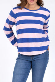 A model wearing the Fundamental Spritz Stripe Cotton Tee in colour Frenchblue (Blue), from the front, cropped image