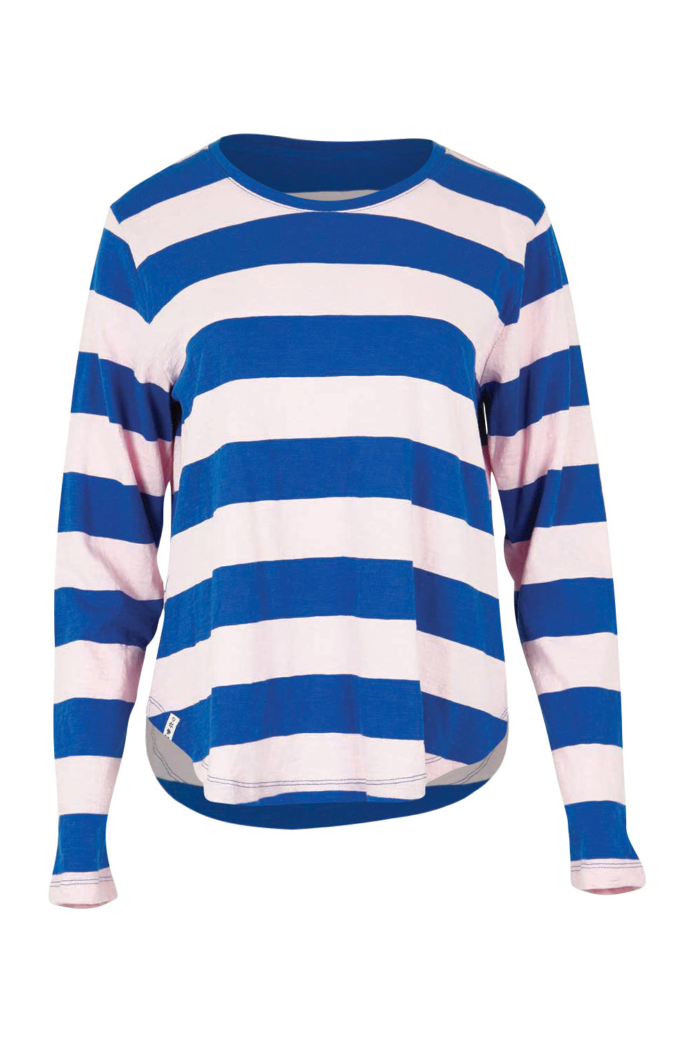 Product shot of the Fundamental Spritz Stripe Cotton Tee in colour Frenchblue (Blue), from the front