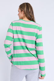A model wearing the Fundamental Spritz Stripe Cotton Tee in colour Greenpink (Green), from the back