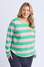 A model wearing the Fundamental Spritz Stripe Cotton Tee in colour Greenpink (Green), from the front, cropped image