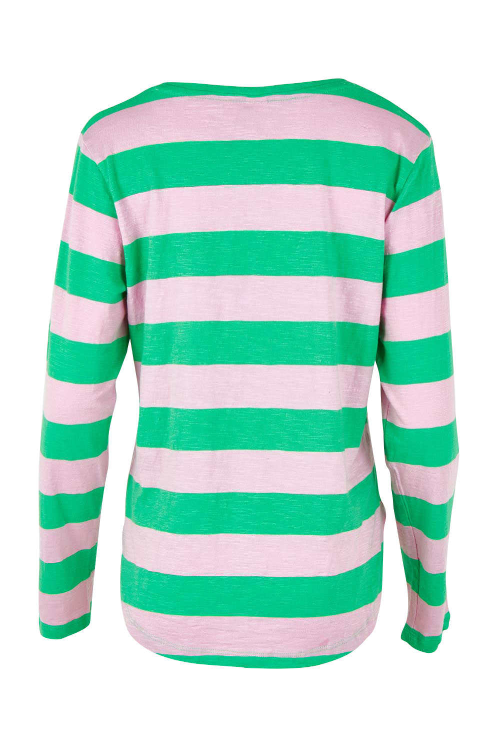 Product shot of the Fundamental Spritz Stripe Cotton Tee in colour Greenpink (Green), from the back