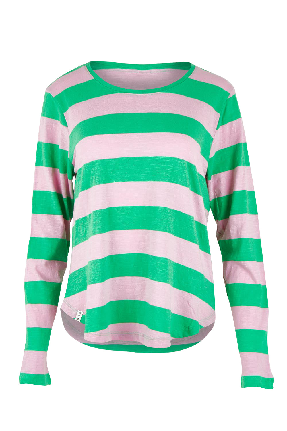 Product shot of the Fundamental Spritz Stripe Cotton Tee in colour Greenpink (Green), from the front