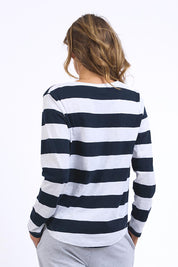 A model wearing the Fundamental Spritz Stripe Cotton Tee in colour Navywhite (Blue), from the back
