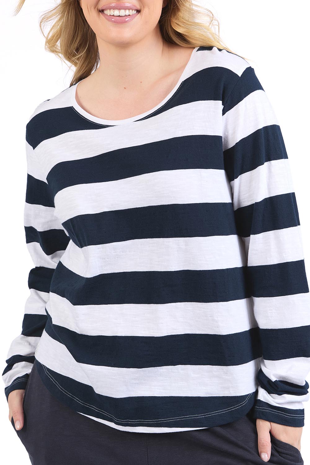 A model wearing the Fundamental Spritz Stripe Cotton Tee in colour Navywhite (Blue), from the front, cropped image