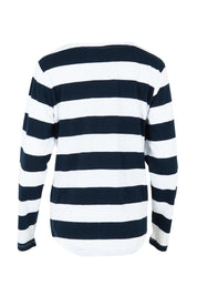 Product shot of the Fundamental Spritz Stripe Cotton Tee in colour Navywhite (Blue), from the back