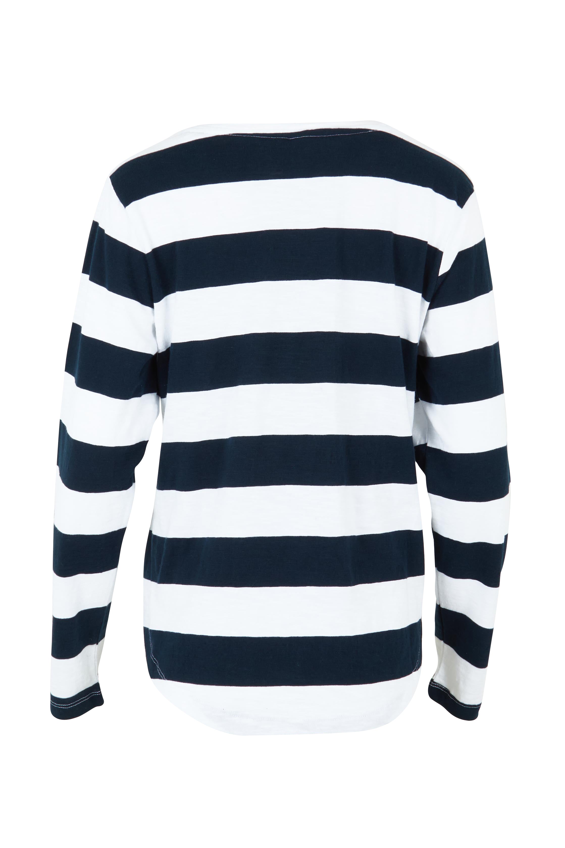 Product shot of the Fundamental Spritz Stripe Cotton Tee in colour Navywhite (Blue), from the back