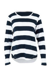 Product shot of the Fundamental Spritz Stripe Cotton Tee in colour Navywhite (Blue), from the front