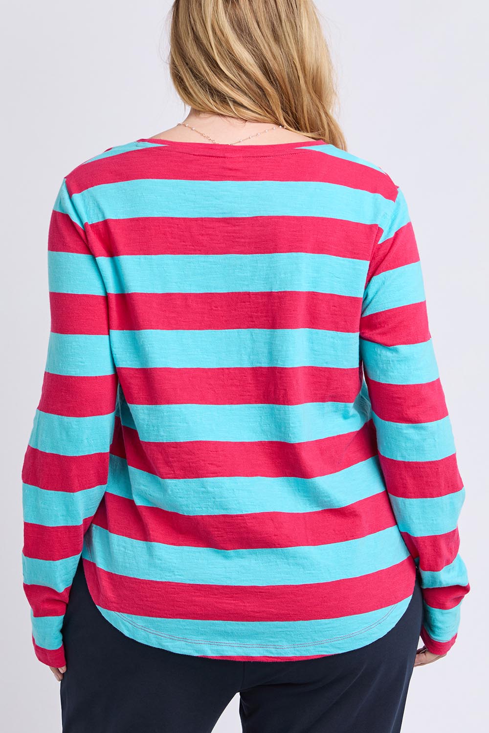 Model Genericm wearing size sample of the Fundamental Spritz Stripe Ls Tee – Seadkpink in colour Seadkpink, from the back