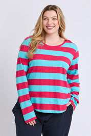 Model Genericm wearing size sample of the Fundamental Spritz Stripe Ls Tee – Seadkpink in colour Seadkpink, in a cropped view