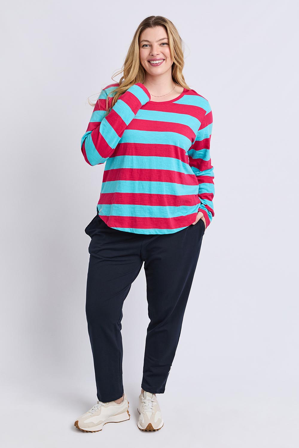 Model Genericm wearing size sample of the Fundamental Spritz Stripe Ls Tee – Seadkpink in colour Seadkpink, from the front