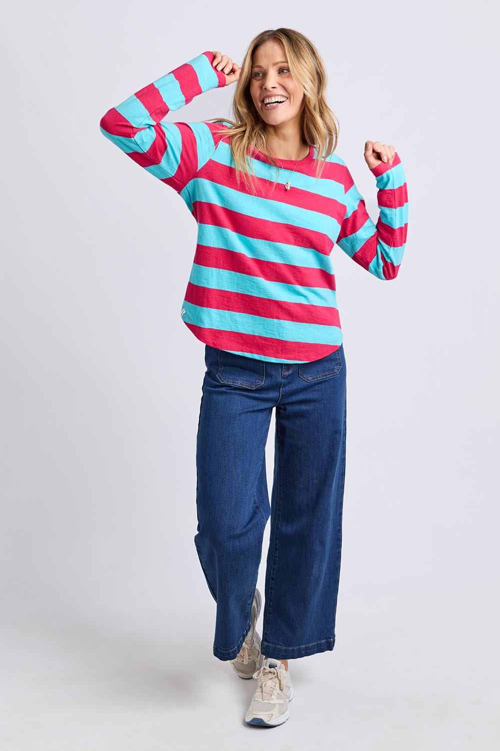 Model Genericm wearing size sample of the Fundamental Spritz Stripe Ls Tee – Seadkpink in colour Seadkpink, from the front