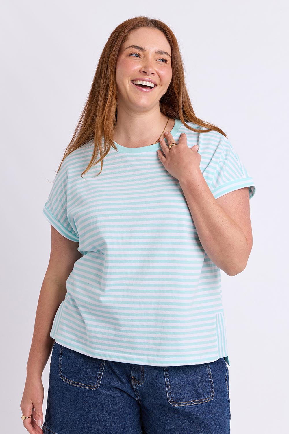 Model Genericm wearing size sample of the Fundamental Yara Stripe Ss Cotton Tee – Tonicblue in colour Tonicblue, in a cropped view
