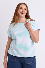 Model Genericm wearing size sample of the Fundamental Yara Stripe Ss Cotton Tee – Tonicblue in colour Tonicblue, in a cropped view
