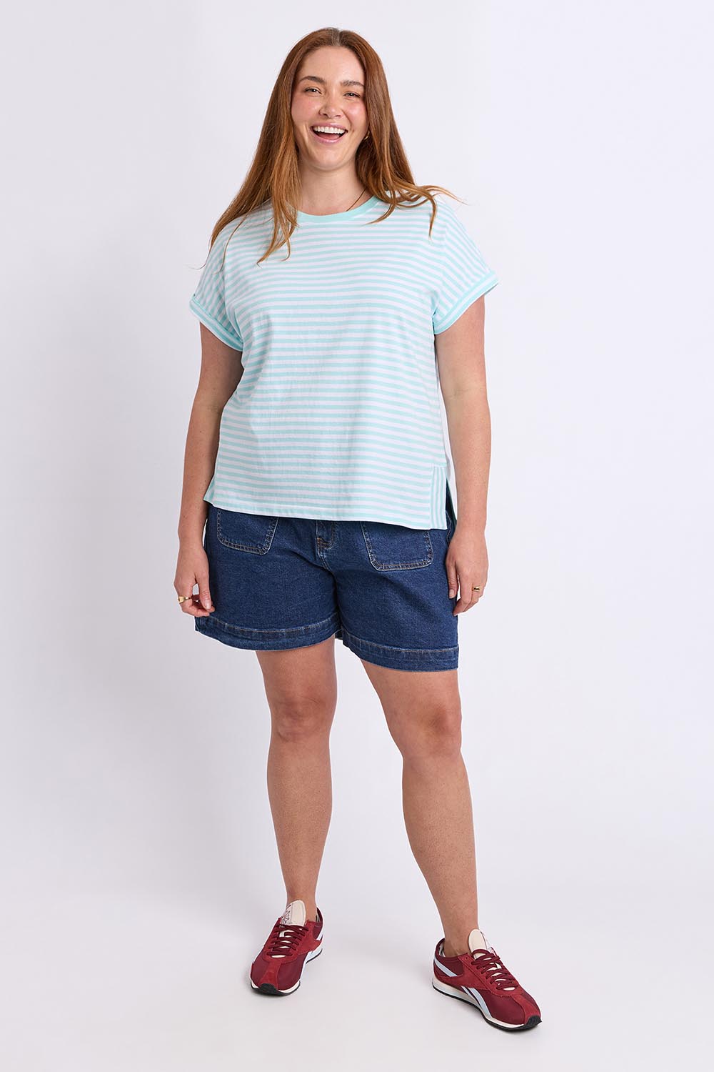 Model Genericm wearing size sample of the Fundamental Yara Stripe Ss Cotton Tee – Tonicblue in colour Tonicblue, from the front