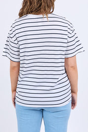 A model wearing the Fundamental Winona Stripe Cotton Tee in colour Whitenavy (White), from the back